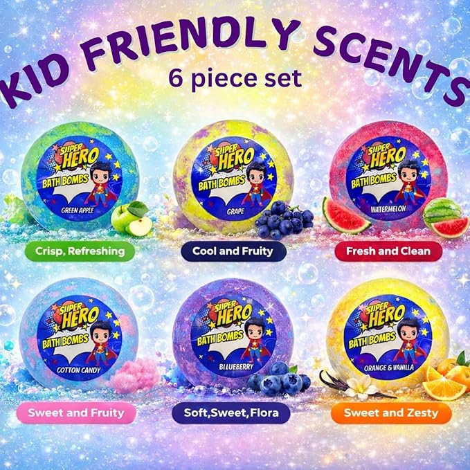 EvolutionUSA Purple Epic Superhero Bath Bombs for Kids, 6 Super Hero Bath Bombs with Toy Inside, Lush Childrens Bathbombs, Organic Bathbomb with Surprise Inside, Fizzy Fun Superhero Bath Balls