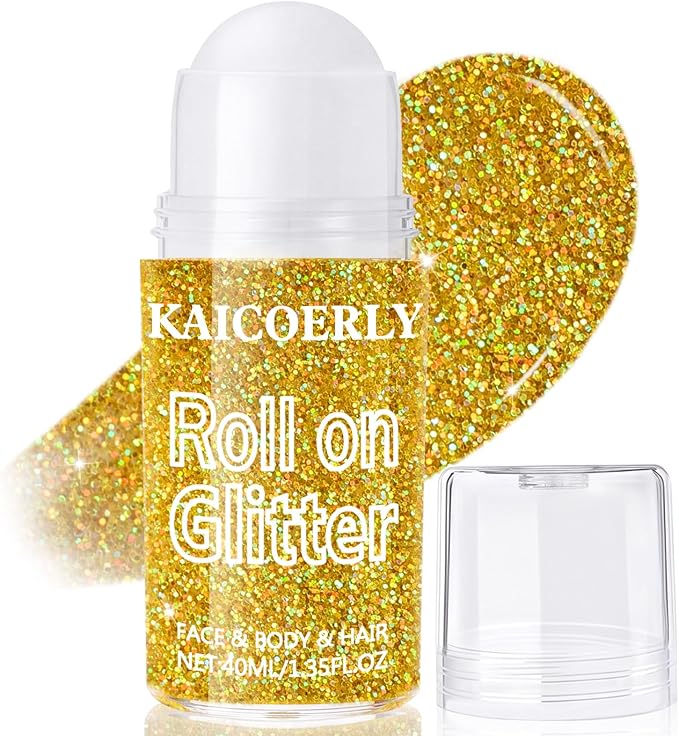 Roll-on Holographic Body Glitter Gel for Women Girls, Sparkle Chunky Glitter Makeup for Christmas New Year Festival Halloween Party Rave, Face Glitter Makeup for Face Body Hair Lips(Gold)