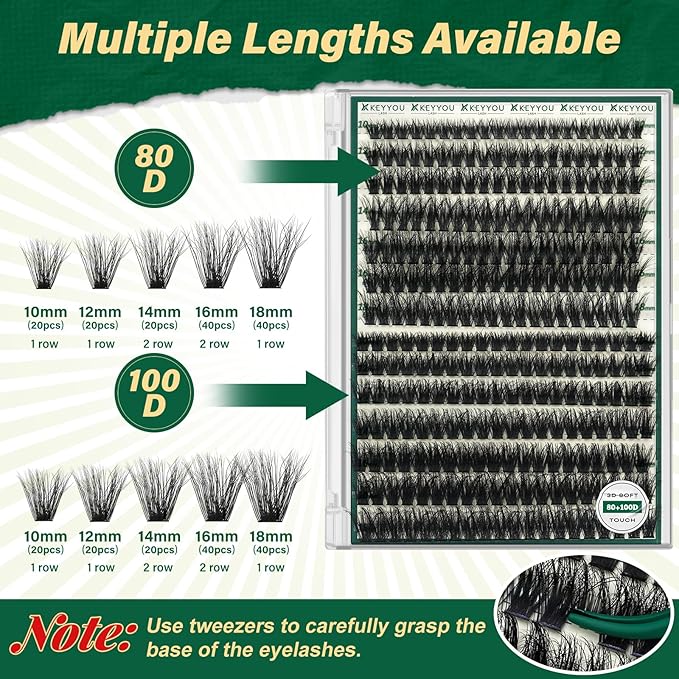 KEYYOU lash Clusters Kit 3D Effect Eyelash Clusters Kit 280pcs 80D100D 10-18MIX D Curl Individual Lashes Kit Wispy Lashes Volume Cluster Lashes Kit Natural Soft (3D Kit-80D100D-D-10-18MIX)