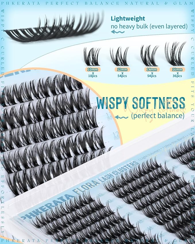 Flora Lash Clusters Wispy Eyelash Clusters 162pcs Natural Cluster Eyelash Extensions Ultra-thin Band Cluster Lashes C Curve Lash Extension DIY Soft Individual Lashes, 10-16mm