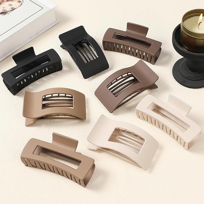 8 Pack Hair Clips for Women, 2 Styles Large Matte No-Slip French Flat Claw Clips for Thick & Thin Curly Hair, Comfortable Strong Hold Hair Clips Styling Barrettes Accessories (Brown)