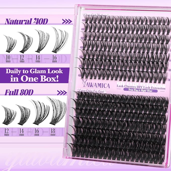 Yawamica 40D+80D Volume Lash Clusters Wispy Eyelash Clusters 280PCS Individual Lashes D Curl 10–18mm DIY Cluster Eyelash Extensions for Lash Extension at Home