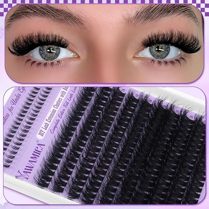 Yawmaica Lash Clusters Kit with Bottom Lashes Wispy Eyelash Extension Kit 200D Volume Eyelash Clusters 12-20mm D Curly Individual Lashes DIY Lash Extension Kit with Lash Bond and Seal Lash Tweezers