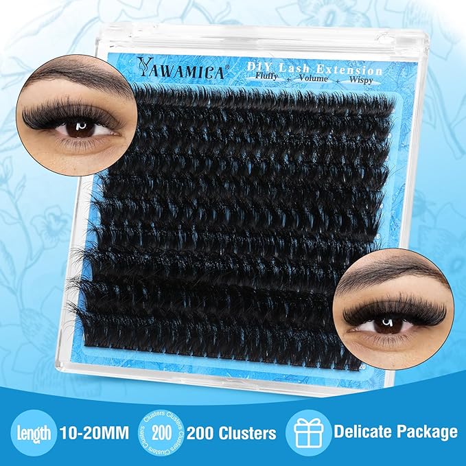 Yawamica Lash Clusters Kit 200D Fluffier Volume Cluster Eyelash Extensions Kit 10-20mm DIY Lash Extension Kit with Lash bond and Lash Remover and Lash Applicator for DIY Lash (200D-10-20MM Kit)