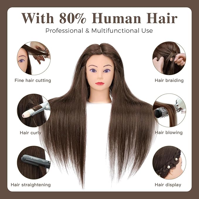 28" Mannequin Head with 80% Real Hair,Cosmetology Manikin Practice Doll Head,Braiding Head with Tripod Stand with Table Clamp + DIY Hair Styling Set #4