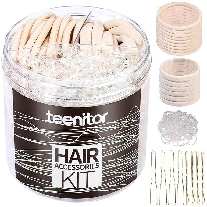 Teenitor Hair Accessories Kit for Woman & Girls: 500pcs Elastic Hair Bands; 30pcs Ponytail Holders, 30pcs Seamless Thick Hair Bands; 40pcs Bobby Hair Pins (Beige)