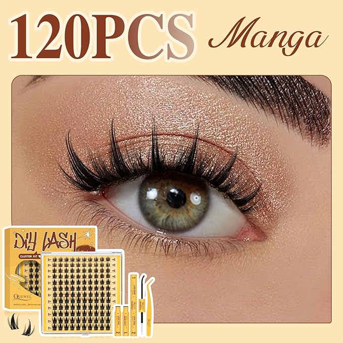 QUEWEL Fairy-Lash Clusters Kit, 120pcs Manga-Eyelash Clusters Kit Mix10-18mm Cluster Eyelash Extensions Kit With Lash Bond and Seal, Lashes Clusters Tweezers for DIY Natural Lashes(FD-XYT 3 Set)