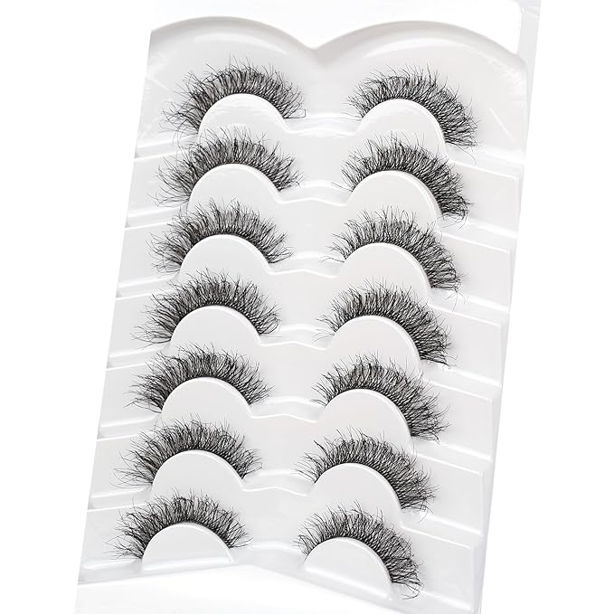 Pooplunch False Eyelashes Cat Eye Look Natural Short Wispy Lashes 8D Crossed Extension Volume Fake Eyelashes Faux Mink Human Hair Lashes 7 Pairs Pack