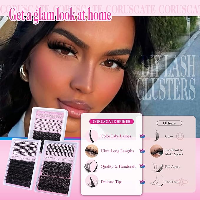 CORUSCATE Lash Clusters 60D80D with Lash Spikes Eyelash Clusters Volume Cluster Eyelash Extensions 10-21mm DIY Spiky Individual Lashes Mega Eyelashes Mink Strip Cluster Lashes