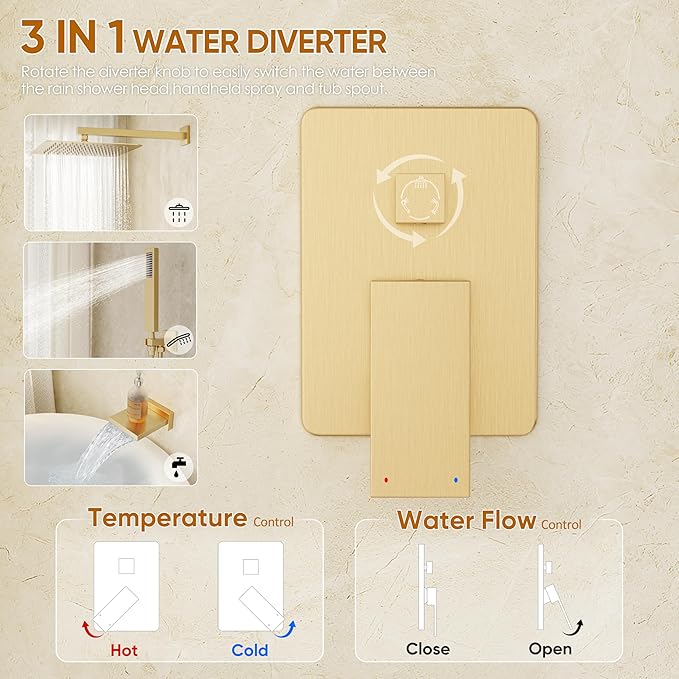 HoliSpa Gold Tub Shower System, All Metal Tub Shower Faucet Set with 12" Rain Shower Head and Handheld Spray combo, Wall Mounted Shower Systems with Tub Spout, Valve and Trim Kit, Brushed Gold