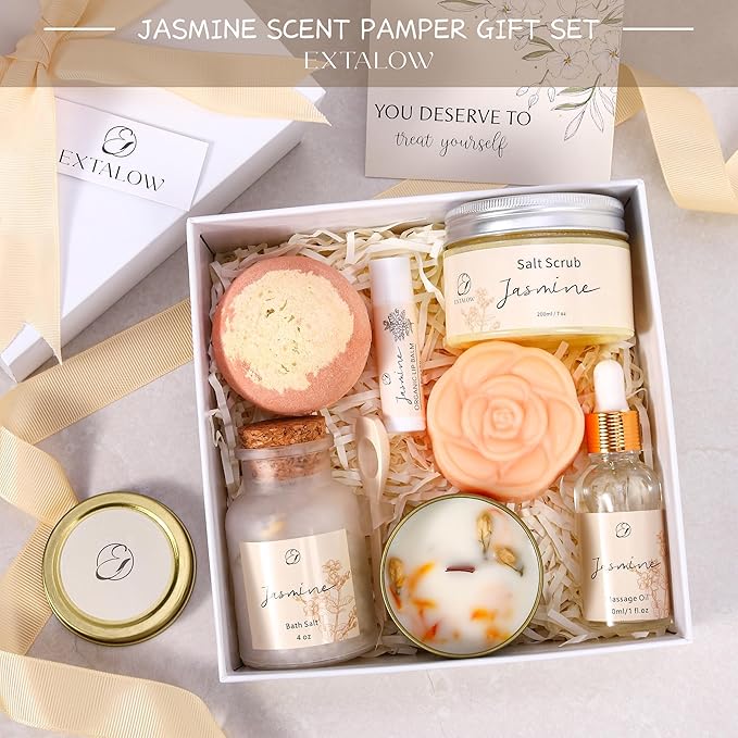 EXTALOW Spa Gifts for Women Valentines Day Gifts Jasmine Bath Gift Baskets Relaxing Self Care Gift for Mom Girlfriend Sister Wife Auntie Home Bath Care Package Thank You Birthday Gift Friendship
