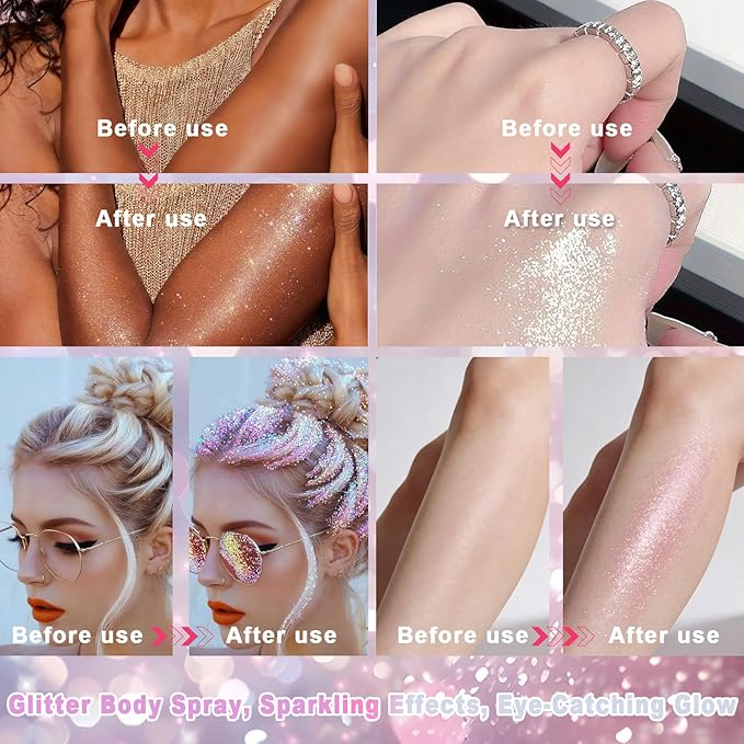 Hair and Body Glitter Spray,Long Lasting Quick-Drying Pink Shimmer Mist for Music Festival Revelry, Nightclub Parties and Balls,Hairspray for Clothes, Face Glitter Spray 4.22 Fl Oz (Pink)