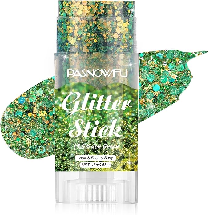 Golden Green Body Glitter Stick, Gel Formula Face and Hair Glitter for Women and Girls, Multi-Use Festival Concert Party Makeup, Glitter for Stage Performance Cosplay Costume Events