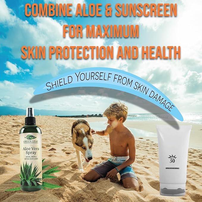 Green Leaf Naturals Aloe Vera Spray | 99% Cold-Pressed Aloe Vera Juice with Vitamin C, E & A | Hair, Skin, Facial Moisturizer, Sunburn Relief & After Sun Lotion 8oz