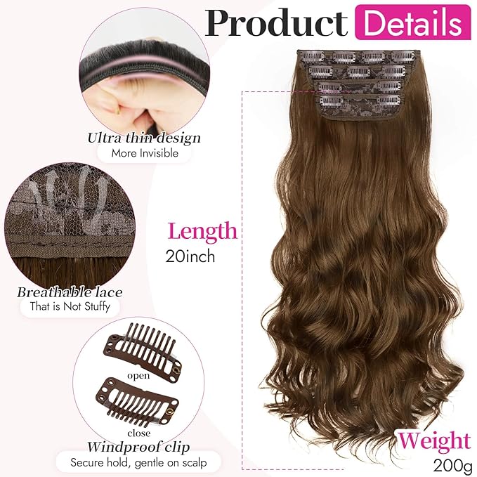 KooKaStyle Clip In Hair Extensions, Natural Long Layered Soft Invisible Synthetic Curly Wavy Hairpieces for Women, 4 pcs (20 Inch, Chestnut Brown)