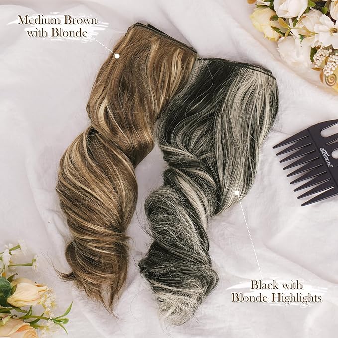 BARSDAR Black and Blonde Clip in Hair Extensions - Short Wavy Clip in Hair Extensions for Women - 12 Inch 6 PCS Voluminous Thick Soft Synthetic Beach Wave Black Blonde Highlights Hairpieces