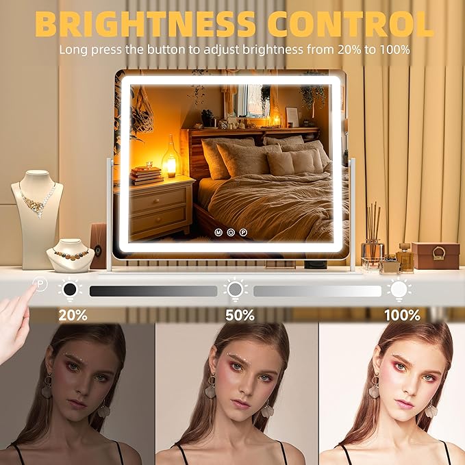 Large Vanity Mirror with Lights 34'' x 25.6'' - Touch Screen Hollywood Makeup Mirror, 3 Color Modes + Dimmable LED Lighting, Premium Aluminum Frame for Dressing Table