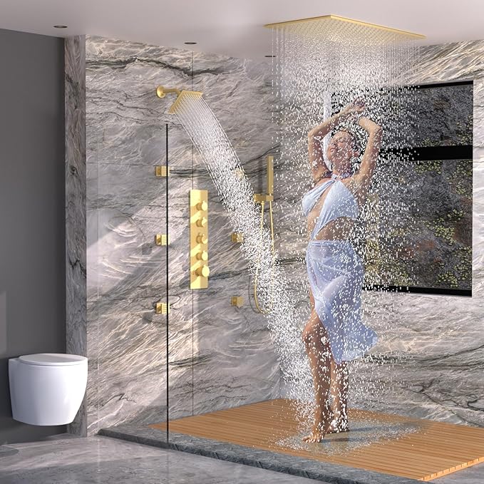 HOMEDEC 15.7x31.5" Rainfall and 6" Dual Shower Heads with Handheld Spray Combo, Full Body Shower System with 6pcs Body Jets, Brushed Gold