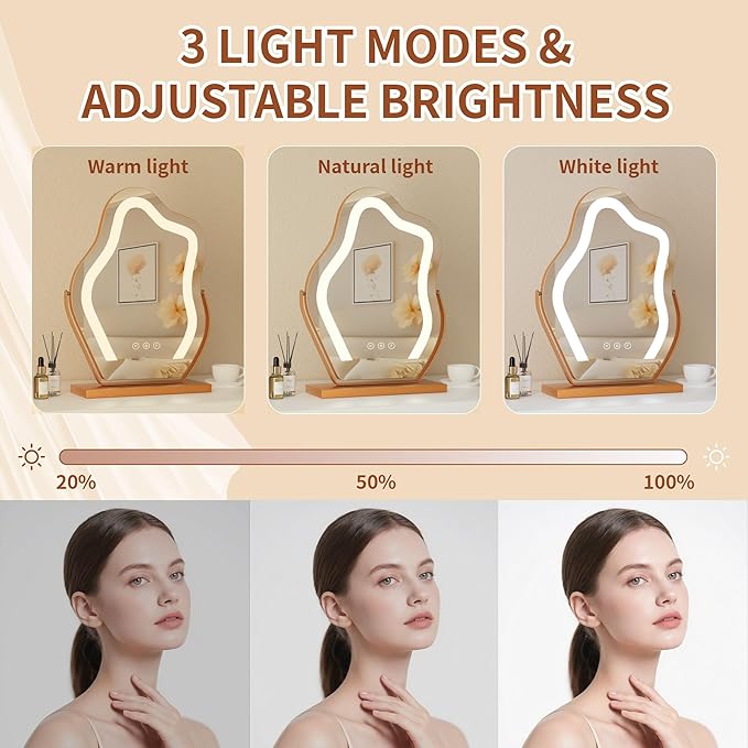 17″ Makeup Mirror with Lights Tabletop Cloud Shaped , Smart Touch, 3-Color Dim Lighting, 360° Rotation, Memory, Metal Frame, Plug-in AC Power, Vanity Mirror Gift for Women Teen Girls Champagne Gold