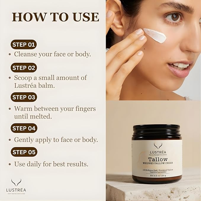 Whipped Tallow Cream for Face & Body 4oz | Grass Fed Beef Tallow Moisturizer | Face Cream for Dry Skin & Sensitive Skin | Beef Tallow Balm, Non-Greasy Daily Skincare (120 gram, Vanilla Lavender)
