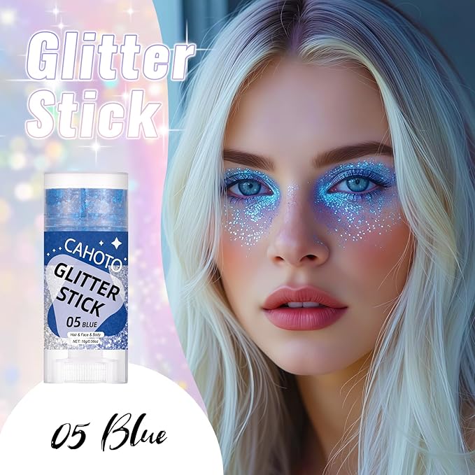 Blue Face Body & Hair Glitter Stick for Singer Concerts Outfit, Shimmer Stick Gel for Women, Sparkling Holographic Chunky Sequins for Rave Festival Halloween Carnival, 0.56oz