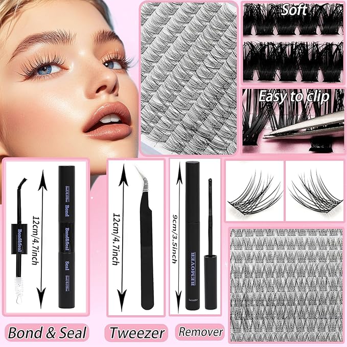 Fairy Lash Clusters Kit with Spike, Eyelash Clusters Individual D Curl Fluffy Wispy False Eyelashes Extensions Thin Band with Bond Seal Tweezers Remover DlY Manga Lashes Extension Kit (SMY08-KIT)