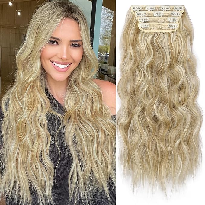 KooKaStyle Beach Blonde Hair Extensions Clip in Synthetic Highlight Hair Extensions Long Wavy 4PCS Thick Hairpieces 24 Inch Beach Blonde for Women