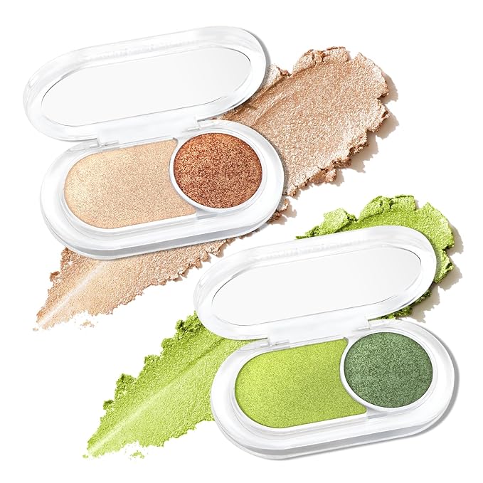 2Pcs Green Glitter Eyeshadow Palette, Brown Double Colors Sparkling Eye Shadow Palette, High Pigment Single Eyeshadow, Blendable & Smooth Eye Makeup for Women, Nude Brown & Green Glitter