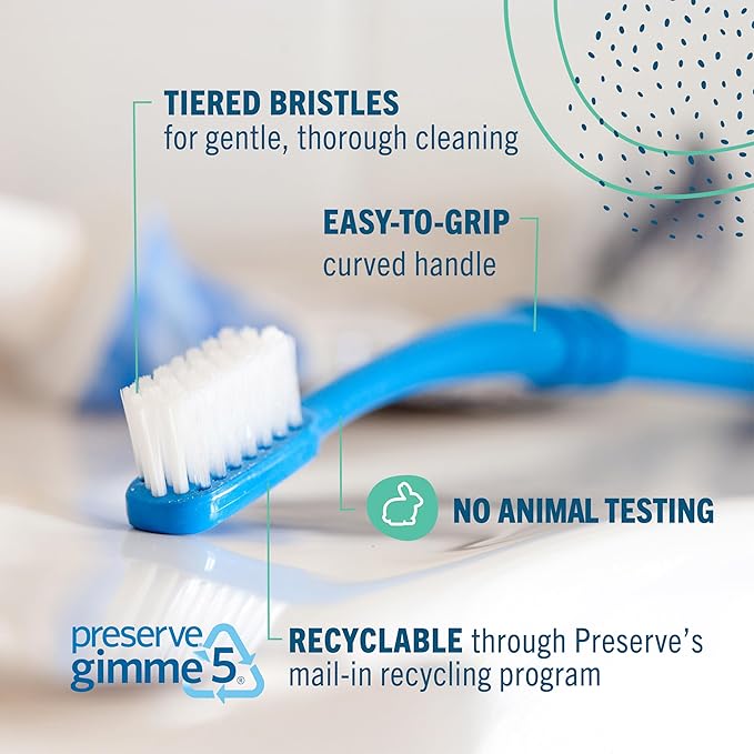 Preserve Eco Friendly Adult Toothbrushes, Made in The USA from Recycled Plastic, Ultra Soft Bristles, Paperboard Package, Colors Vary, 6 Count (Medium)