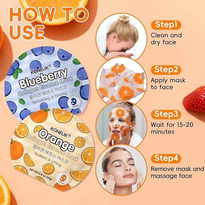18 Pack Colorful Fruit Face Masks Skincare for Women, Bulk Sheet Hydrating Facial Mask for All Skin Types, Collagen Face Mask for Skin Care, Valentines Day Gifts, Mothers Day Gifts and Spa Party Gifts