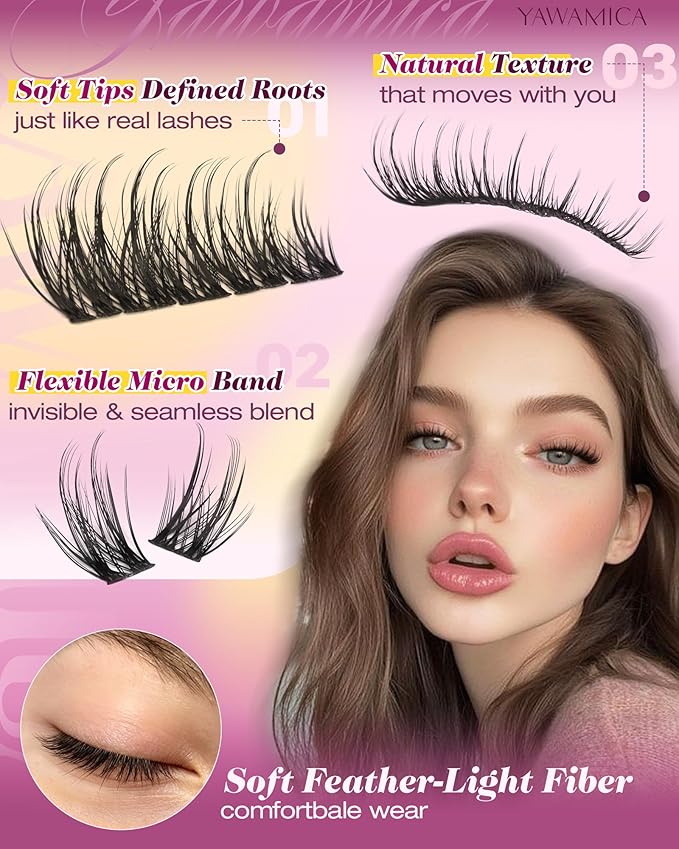 Yawamica Wispy Lash Clusters Kit DIY Eyelash Extensions 10-16mm C Curl Individual Cluster Lashes for At-Home Salon Look, Reusable False Eyelashes Clusters with 2-in-1 Bond and Seal & Tweezers