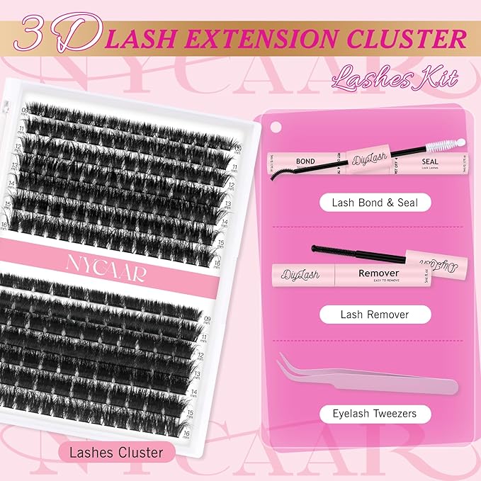 Lash Clusters 3D Effect Individual Lashes Kit NYCAAR 189pcs 100D200D D Curl 9-16MIX Eyelash Clusters Wispy Lashes Fluffy Cluster Lashes Kit with Lash Glue Remover Applicator Easy to Use for Beginners
