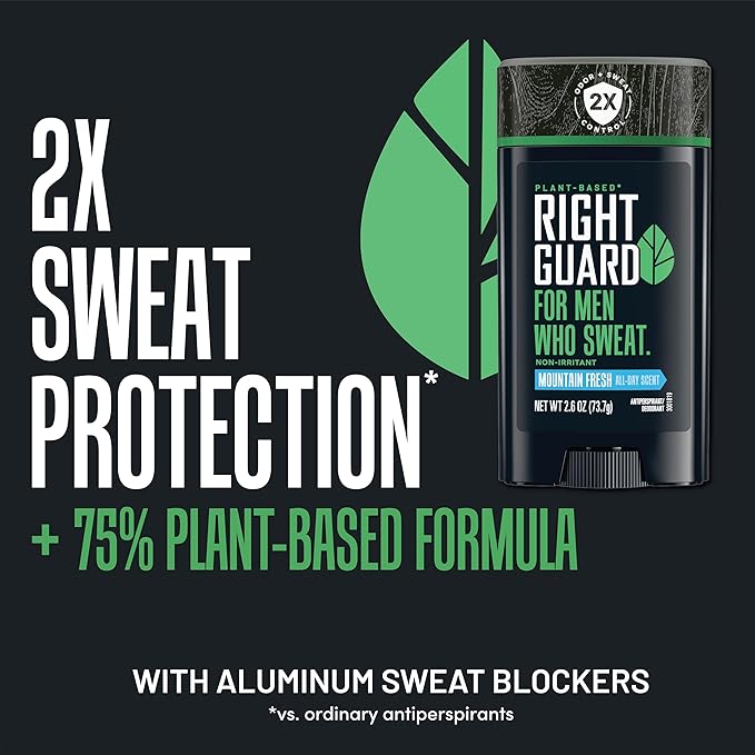 Right Guard Plant-Based Antiperspirant with Aluminum Sweat Blockers Invisible Solid Mens Deodorant, Mountain Fresh Scent, 2X Sweat Protection, 72HR Odor Control, for Sensitive Skin, 2.6 oz, 1pk