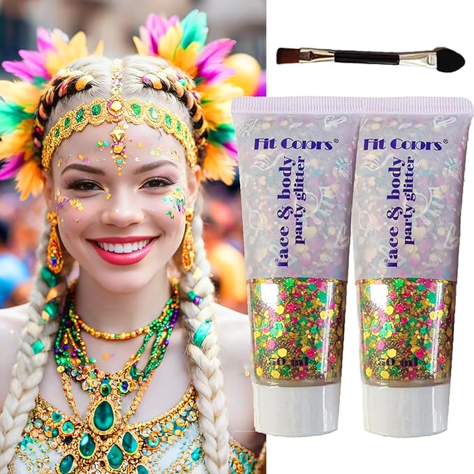 Face Body Glitter Gel,Mardi Gras Outfit for Women and Kids,Sparkly Holographic Party Festival Rave Mardi Gras Accessories for Carnival,Gold Green Purple Chunky Glitter Makeup (2pc Mardi gras)