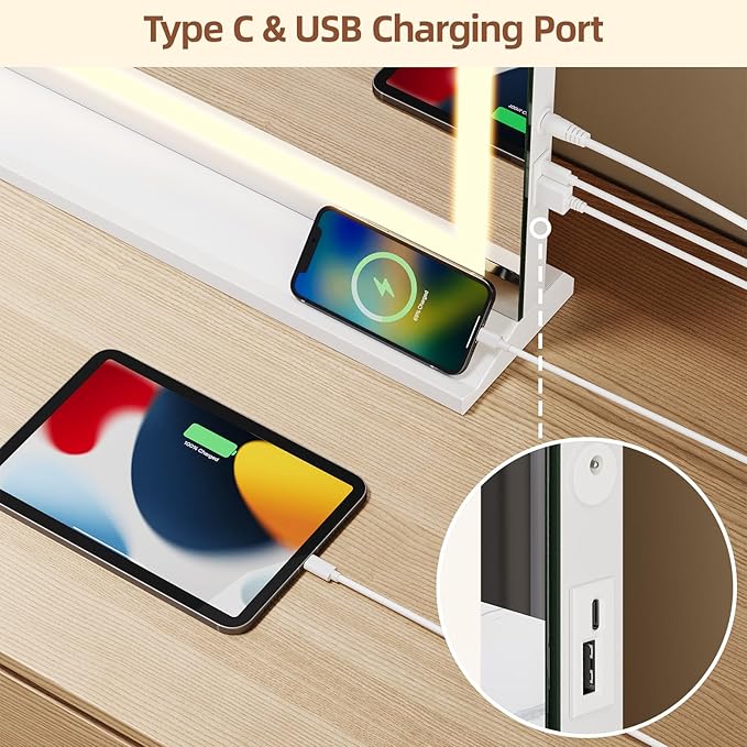 Vanity Mirror with Lights, 24" x 32" Makeup Mirror with 3 Color Modes 5X Magnification & USB/Type-C Charging Port, Large LED Mirror for Bedroom Tabletop & Wall Mounted