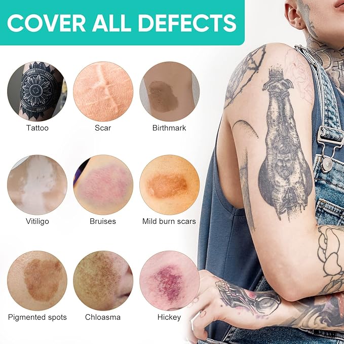 Tattoo Cover Up Makeup, 2 Colors Waterproof & Sweatproof Tattoo Cover Up Makeup, Long Lasting and Invisible Body Makeup Suitable for Vitiligo, Dark Spots, Scars-Natural