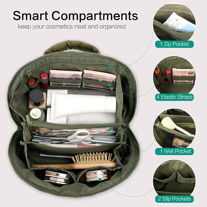 RunaFun Travel Makeup Bag for Women, Puffer Quilted Open Flat Makeup Organizer with Toiletry Bag, Portable Cosmetic Case for Travel & Daily Use, Green