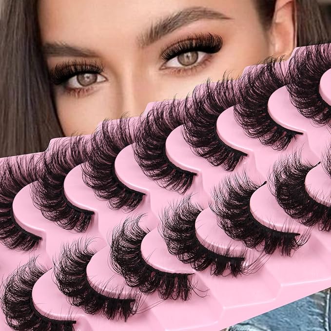 JIMIRE Faux Mink Lashes Volume False Eyelashes with Lash Glue Kit 18MM Dramatic Fluffy Cat Eye Lashes Russian Strip Lashes D Curl Mink Lashes Fluffy 7 Pairs Pack