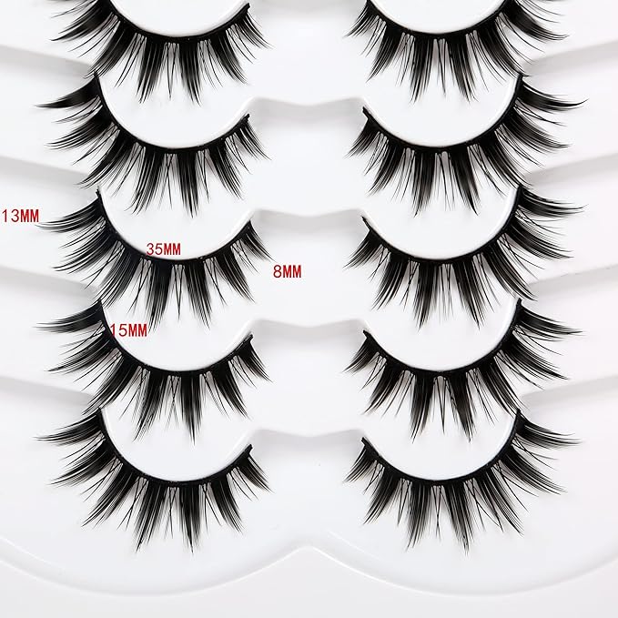 Pooplunch Manga False Eyelashes Spiky Natural Anime Lashes Doll Eye 8D Wispy Volume Sexy Faux Mink Fake Eyelash Strips 7 Pairs Pack