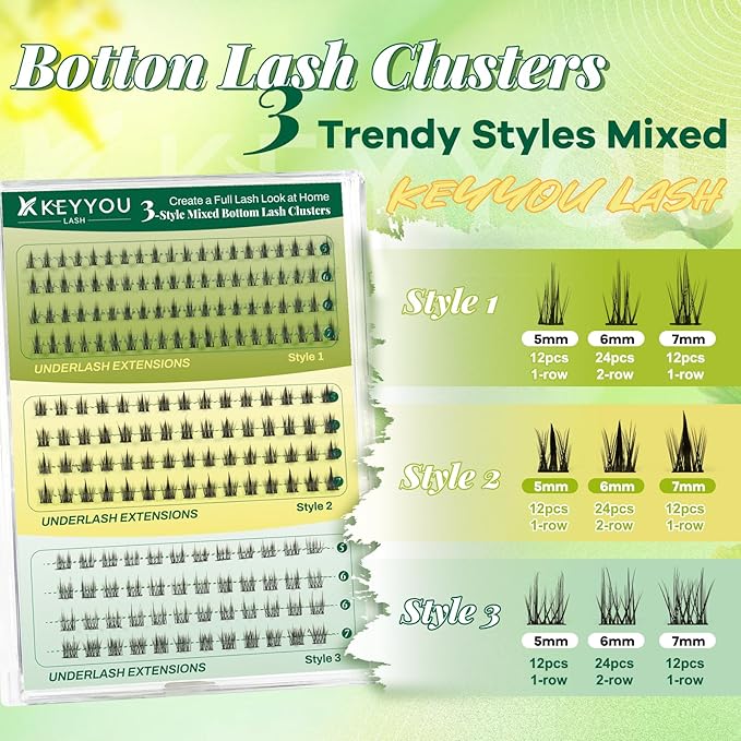 KEYYOU Bottom Lash Clusters DIY Eyelash Extensions 3 Styles Lower Lashes Wispy Bottom Individual Lashes 5-7mm Natural Thin Band Eyelash Clusters (Full)