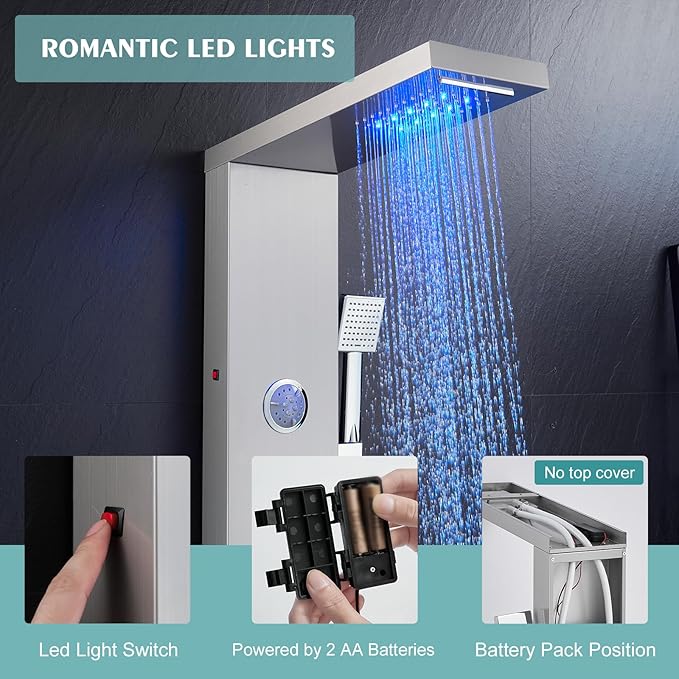 KINKIB LED Shower Panel Tower System, 6-in-1 Shower Tower with Rainfall Waterfall Shower Head, 2 Modes Powerful Body Jets, Handheld Shower and Tub Spout, Stainless Steel Shower Column, Brushed Finish