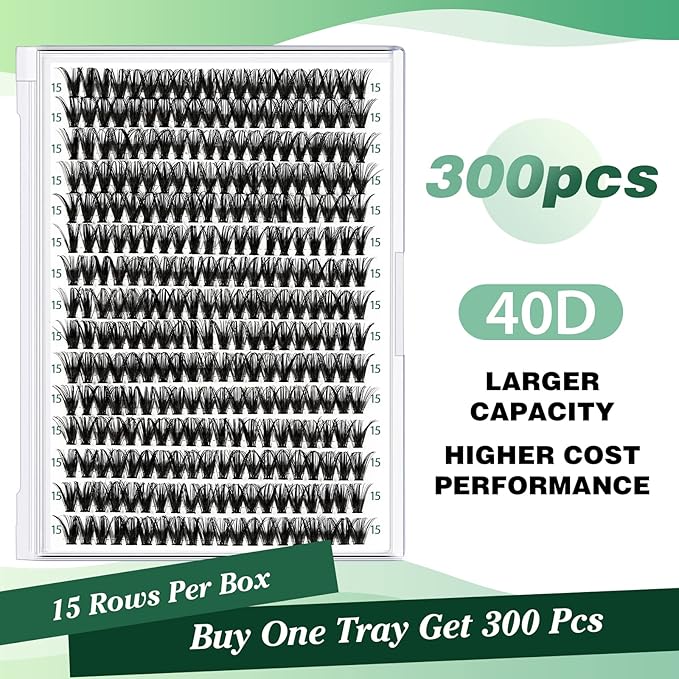 Lash Clusters 300pcs Individual Lashes 40D 0.07C Curl 15mm DIY Eyelash Extension KEYYOU Large Tray Volume Soft&Natural Cluster Lashes(40D-0.07C,15）