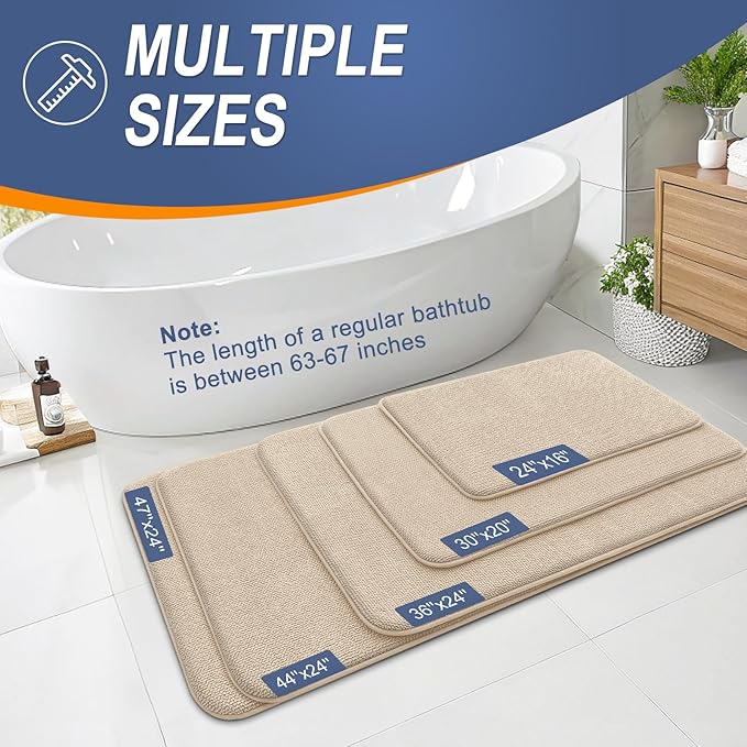 OLANLY Thick Memory Foam Bath Mat Rug 59x24, Extra Soft Absorbent Bathroom Rug, Quick Dry Bath Mats, Non-Slip, Machine Washable Carpet for Bathroom, Tub and Shower, Home Decor Accessories, Beige