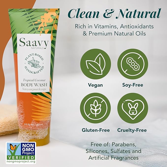 Saavy Naturals Body Wash Tropical Coconut Plant-Based Ingredients - Made In Usa - Sensitive Skin Body Wash, l Organic & Vegan Formula With Coconut Oil, Shea Butter, And Aloe Vera - 8.5 Fl Oz, 2 Pack