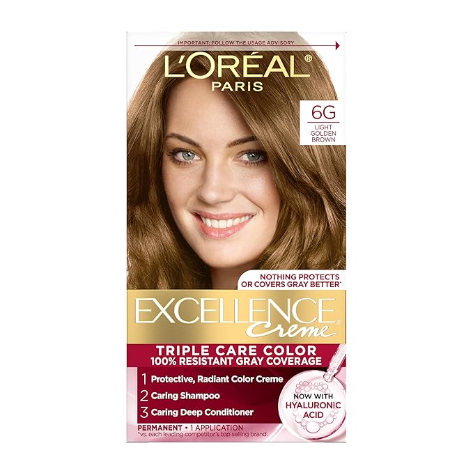 L'Oreal Paris Excellence Crème Permanent Hair Dye, Triple Care Hair Color with Hyaluronic Acid for 100% Gray Coverage, 6G Light Golden Brown, 1 Kit (Packaging May Vary)