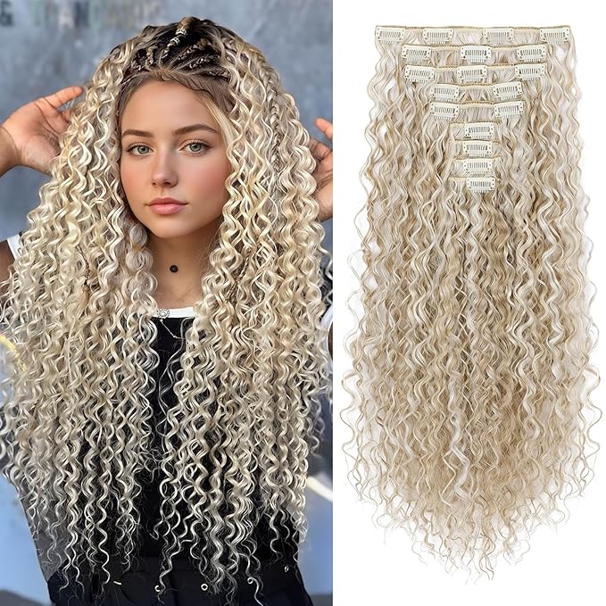 LONAI Hair Extension,9PCS Brown 22" Curly Clip in Hair Extensions LN002 Long Soft Thick Synthetic Hairpieces for Women-Blonde with White Blonde Highlights
