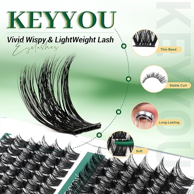 Lash Clusters 96pcs Individual Lashes Y02 D Curl 18mm Cluster Lashes KEYYOU Volume Wispy Lash Extension Soft&Comfortable Easy DIY at Home(Y02 D-18mm)