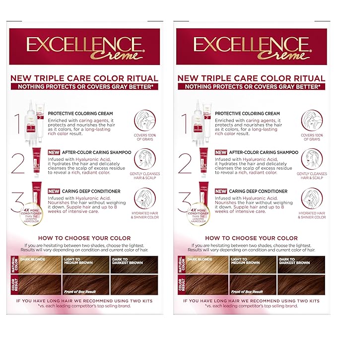 L'Oreal Paris Excellence Crème Permanent Hair Dye, Triple Care Hair Color with Hyaluronic Acid for 100% Gray Coverage, 5RB Medium Reddish Brown, 1 Kit (Pack of 2) (Packaging May Vary)