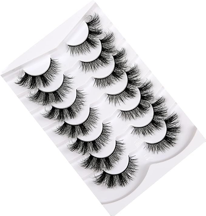 Pooplunch Cat Eye Lashes False Eyelashes Wispy Crossed 18MM Curly Faux Mink Lashes 8D Volume Thick Dramatic Fake Eyelash Strips 7 Pairs Pack
