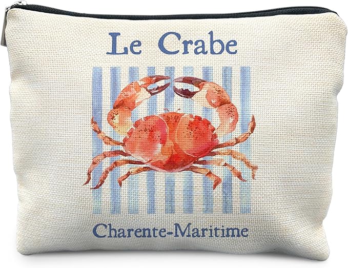 RYYCDOI Vintage Crab Beach Makeup Bag, Crab Lovers Gifts Cosmetic Bags for Women, Gifts for Beach Ocean Lovers, Retro Blue Stripes Seafood Aesthetic Zipper Makeup Pouch